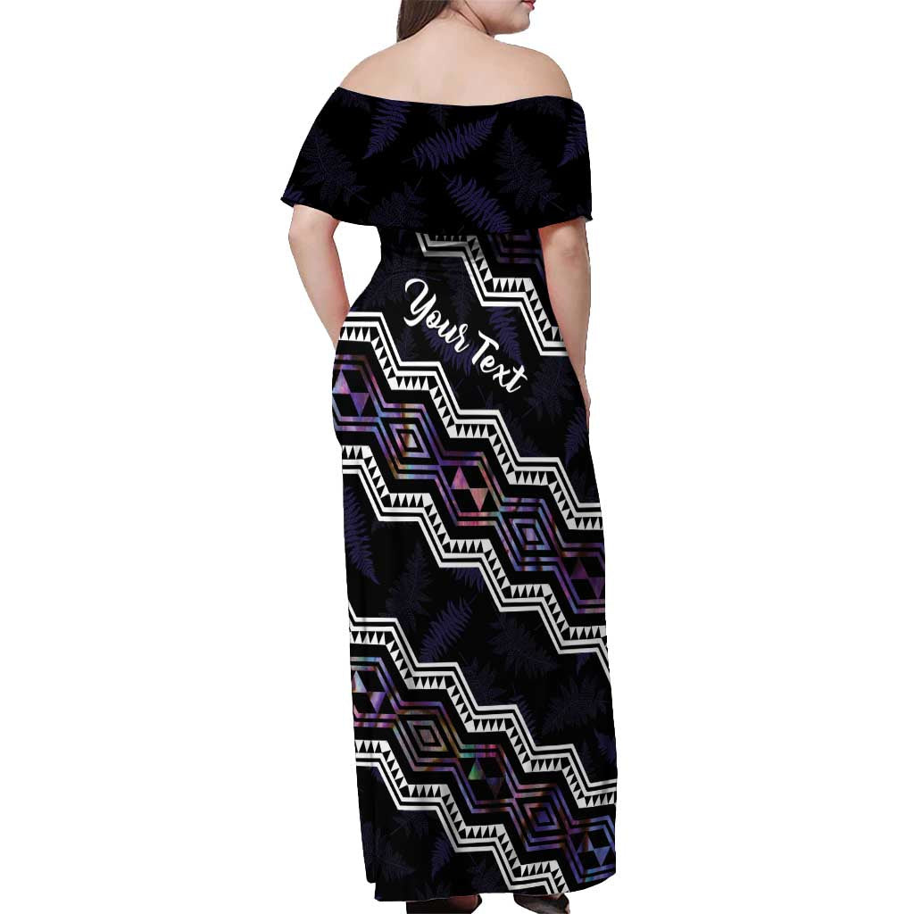 Personalised Taniko Aotearoa Mix Paua Shell Off Shoulder Maxi Dress Niho Taniwha Lilac Glitter