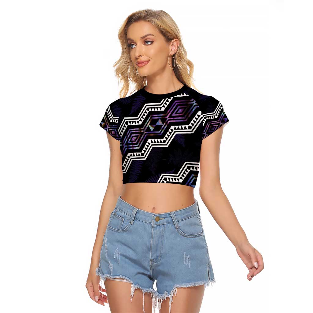 Personalised Taniko Aotearoa Mix Paua Shell Raglan Cropped T Shirt Niho Taniwha Lilac Glitter