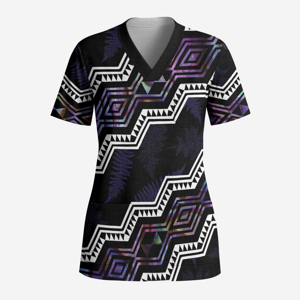 Personalised Taniko Aotearoa Mix Paua Shell Scrub Top Niho Taniwha Lilac Glitter - Polynesian Pride