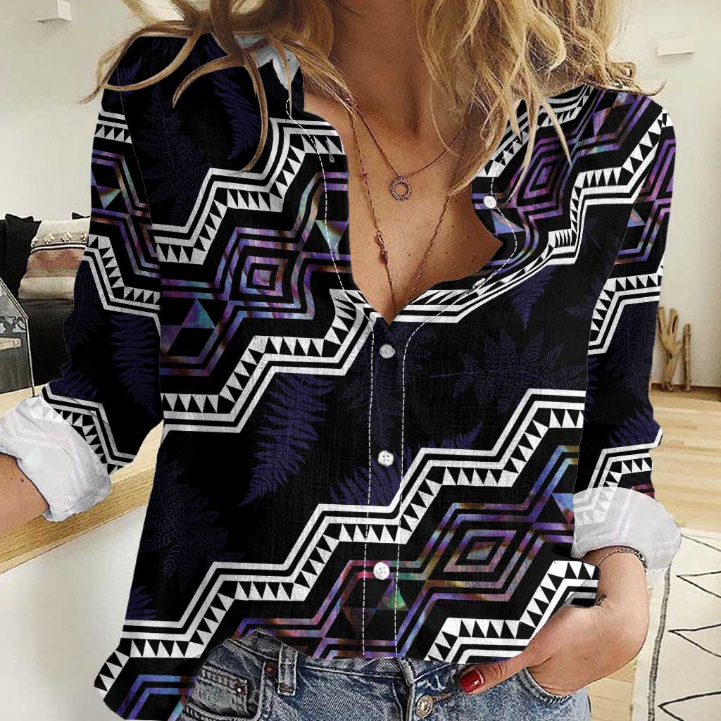 Personalised Taniko Aotearoa Mix Paua Shell Women Casual Shirt Niho Taniwha Lilac Glitter