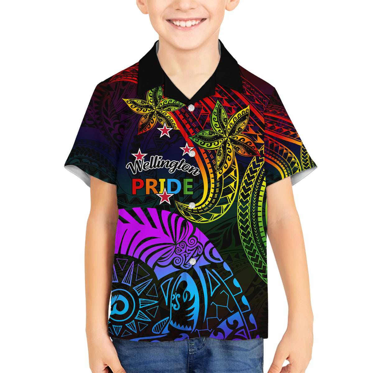 Wellington Pride Family Matching Puletasi and Hawaiian Shirt Aotearoa Tribal Rainbow Pattern LT01 Son's Shirt Black - Polynesian Pride