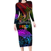 Wellington Pride Long Sleeve Bodycon Dress Aotearoa Tribal Rainbow Pattern LT01 Long Dress Black - Polynesian Pride