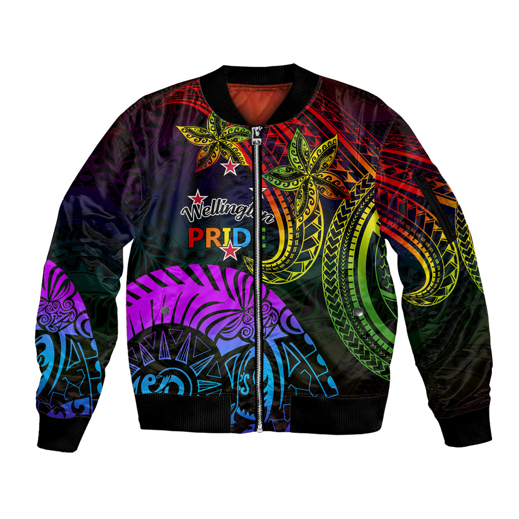 Wellington Pride Sleeve Zip Bomber Jacket Aotearoa Tribal Rainbow Pattern LT01 Unisex Black - Polynesian Pride