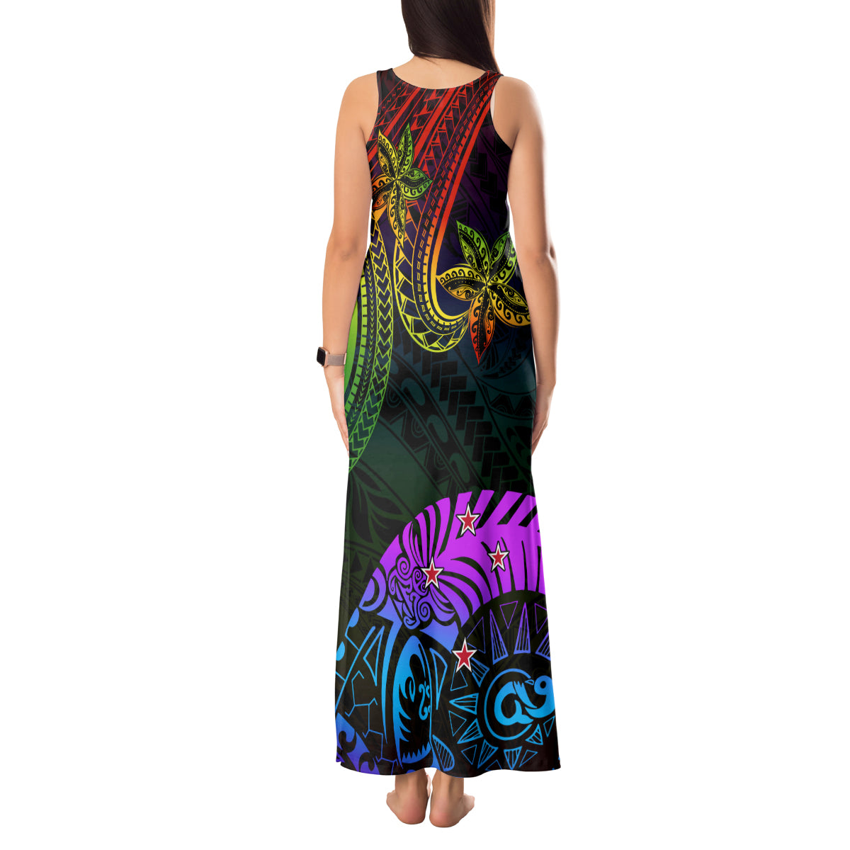 Wellington Pride Tank Maxi Dress Aotearoa Tribal Rainbow Pattern LT01 - Polynesian Pride