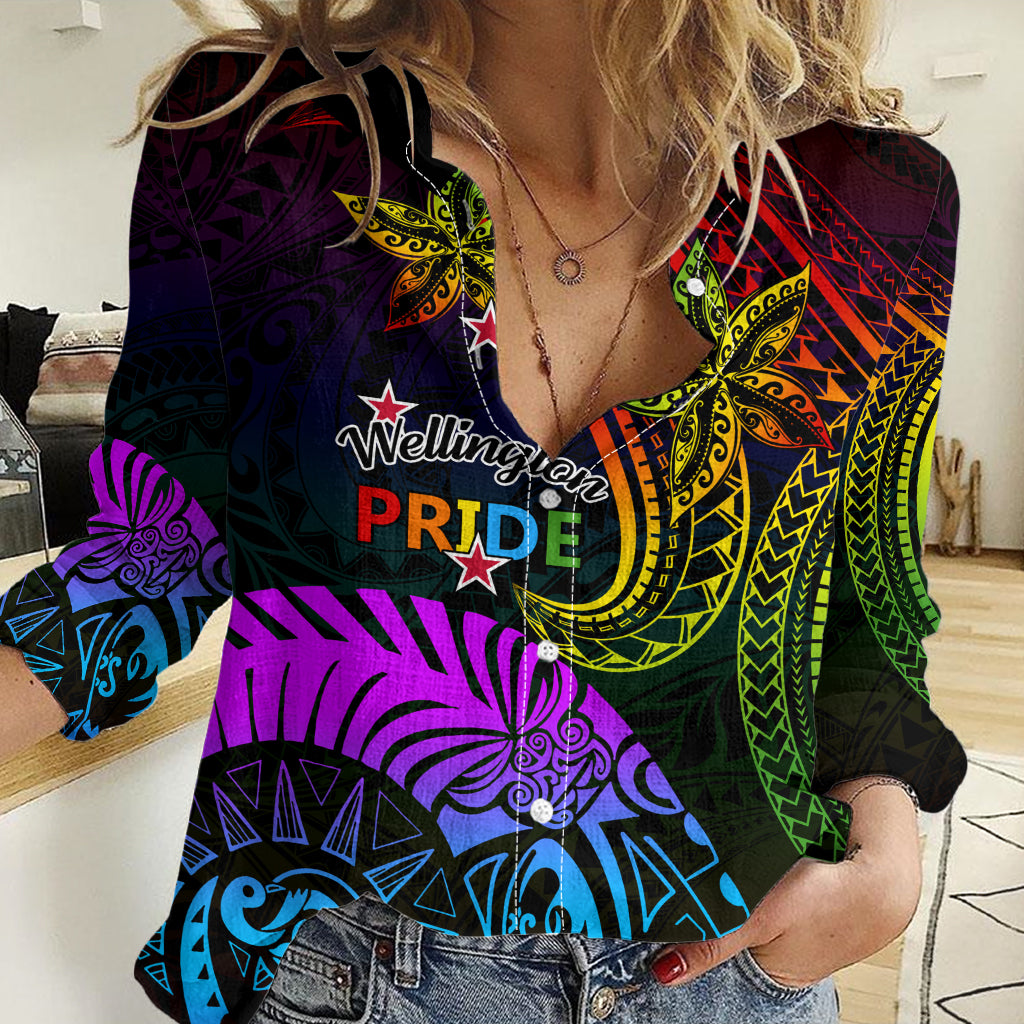 Wellington Pride Women Casual Shirt Aotearoa Tribal Rainbow Pattern LT01 Female Black - Polynesian Pride
