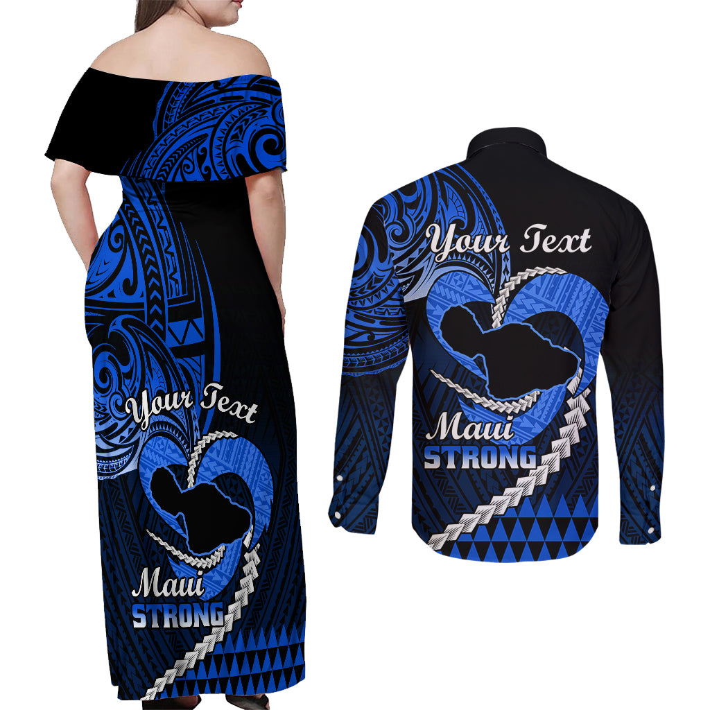Personalised Hawaii Couples Matching Off Shoulder Maxi Dress and Long Sleeve Button Shirts Maui Be Strong Kakau Blue Version LT01 - Polynesian Pride