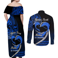 Personalised Hawaii Couples Matching Off Shoulder Maxi Dress and Long Sleeve Button Shirts Maui Be Strong Kakau Blue Version LT01 - Polynesian Pride