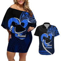 Personalised Hawaii Couples Matching Off Shoulder Short Dress and Hawaiian Shirt Maui Be Strong Kakau Blue Version LT01 Blue - Polynesian Pride
