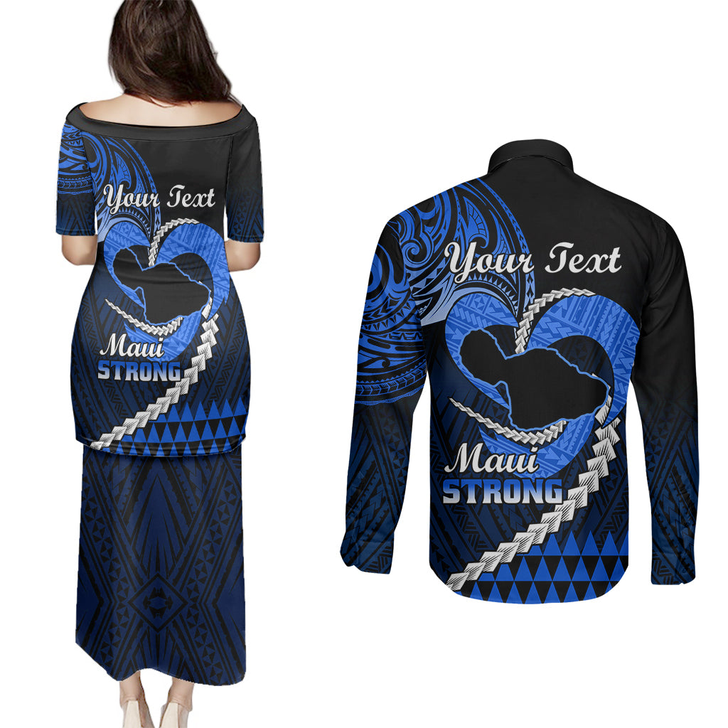 Personalised Hawaii Couples Matching Puletasi Dress and Long Sleeve Button Shirts Maui Be Strong Kakau Blue Version LT01 - Polynesian Pride