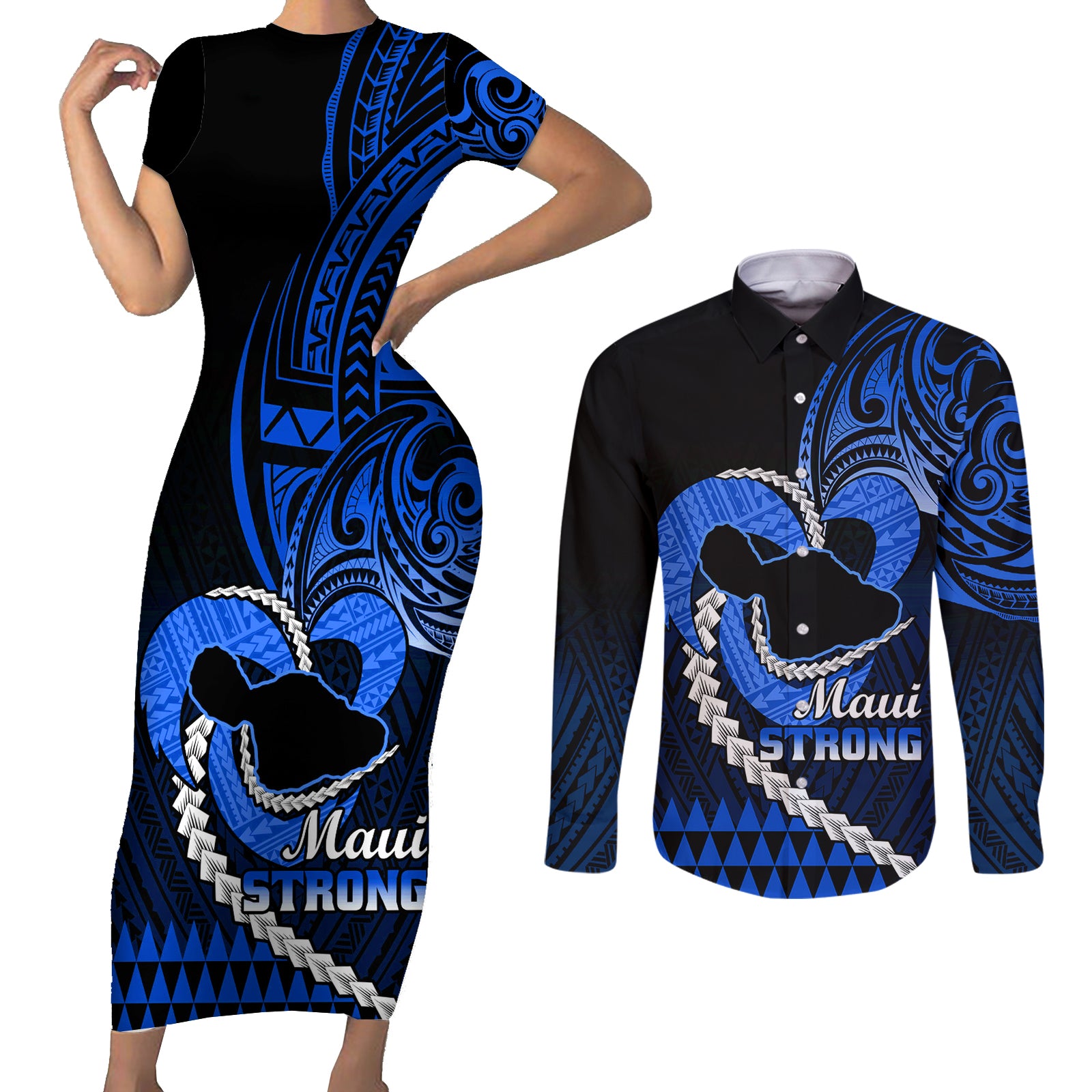 Personalised Hawaii Couples Matching Short Sleeve Bodycon Dress and Long Sleeve Button Shirts Maui Be Strong Kakau Blue Version LT01 Blue - Polynesian Pride