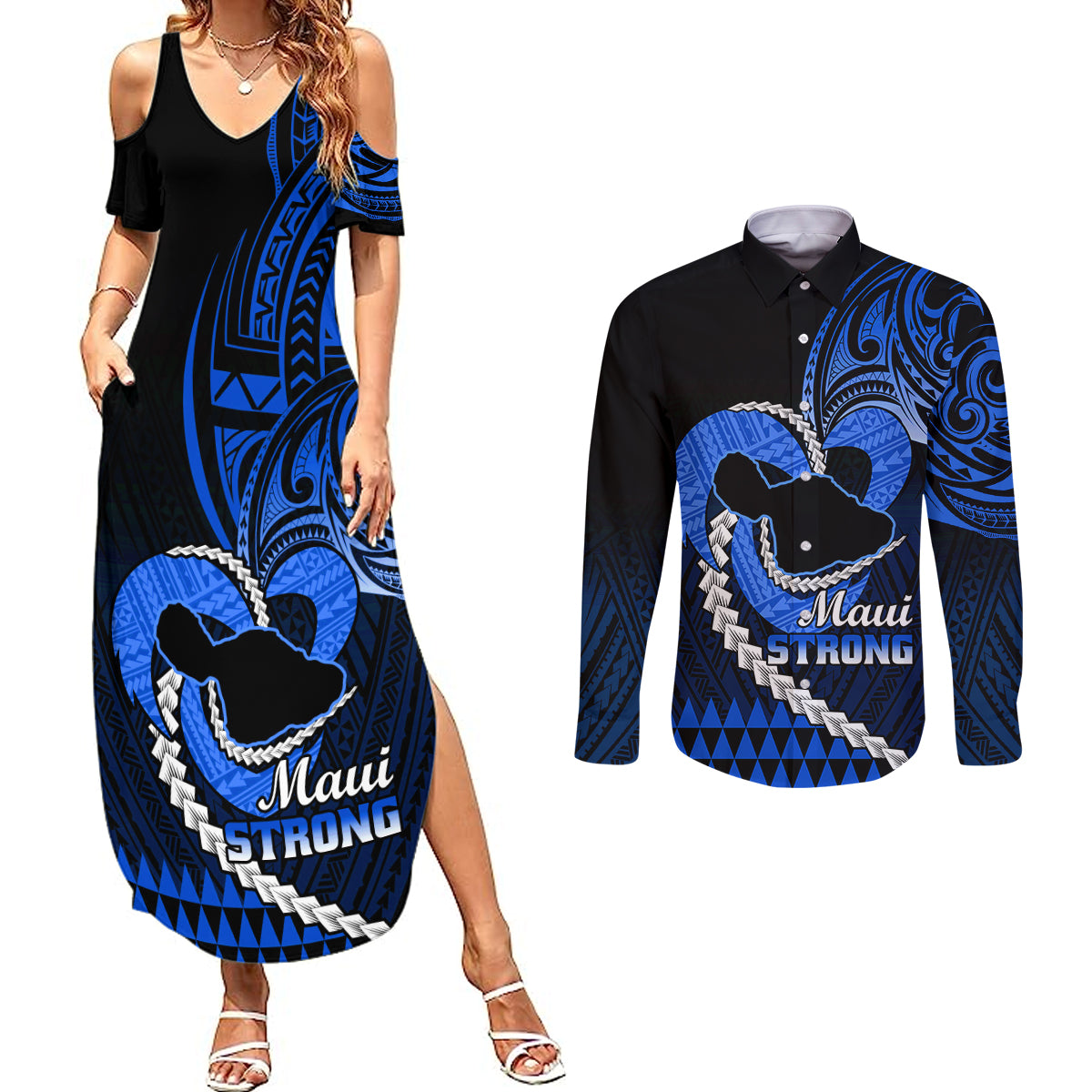 Personalised Hawaii Couples Matching Summer Maxi Dress and Long Sleeve Button Shirts Maui Be Strong Kakau Blue Version LT01 Blue - Polynesian Pride