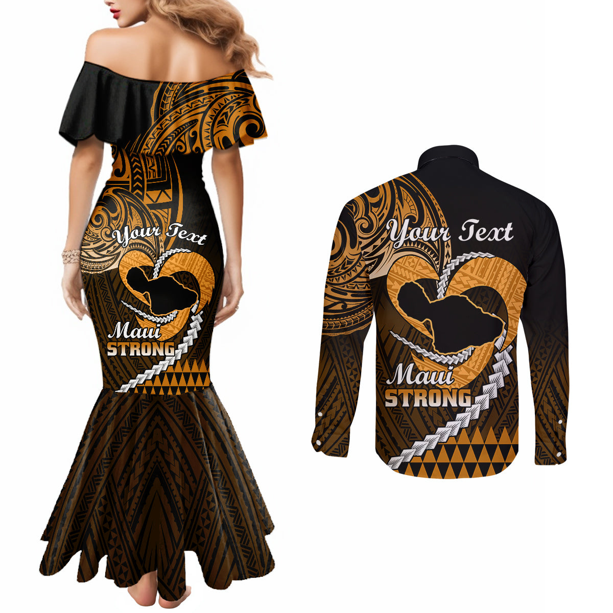 Personalised Hawaii Couples Matching Mermaid Dress and Long Sleeve Button Shirts Maui Be Strong Kakau Gold Version LT01 - Polynesian Pride