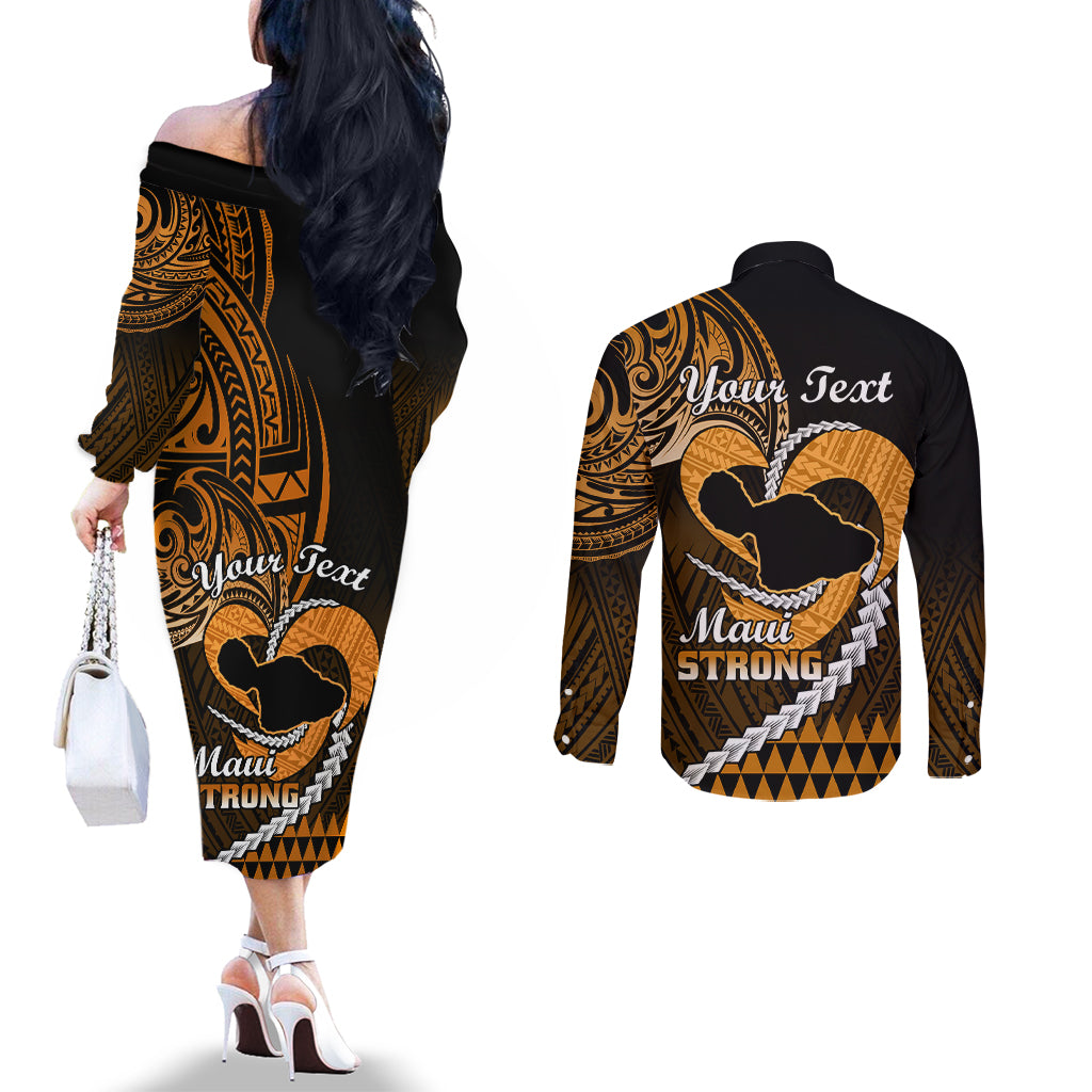 Personalised Hawaii Couples Matching Off The Shoulder Long Sleeve Dress and Long Sleeve Button Shirts Maui Be Strong Kakau Gold Version LT01 - Polynesian Pride