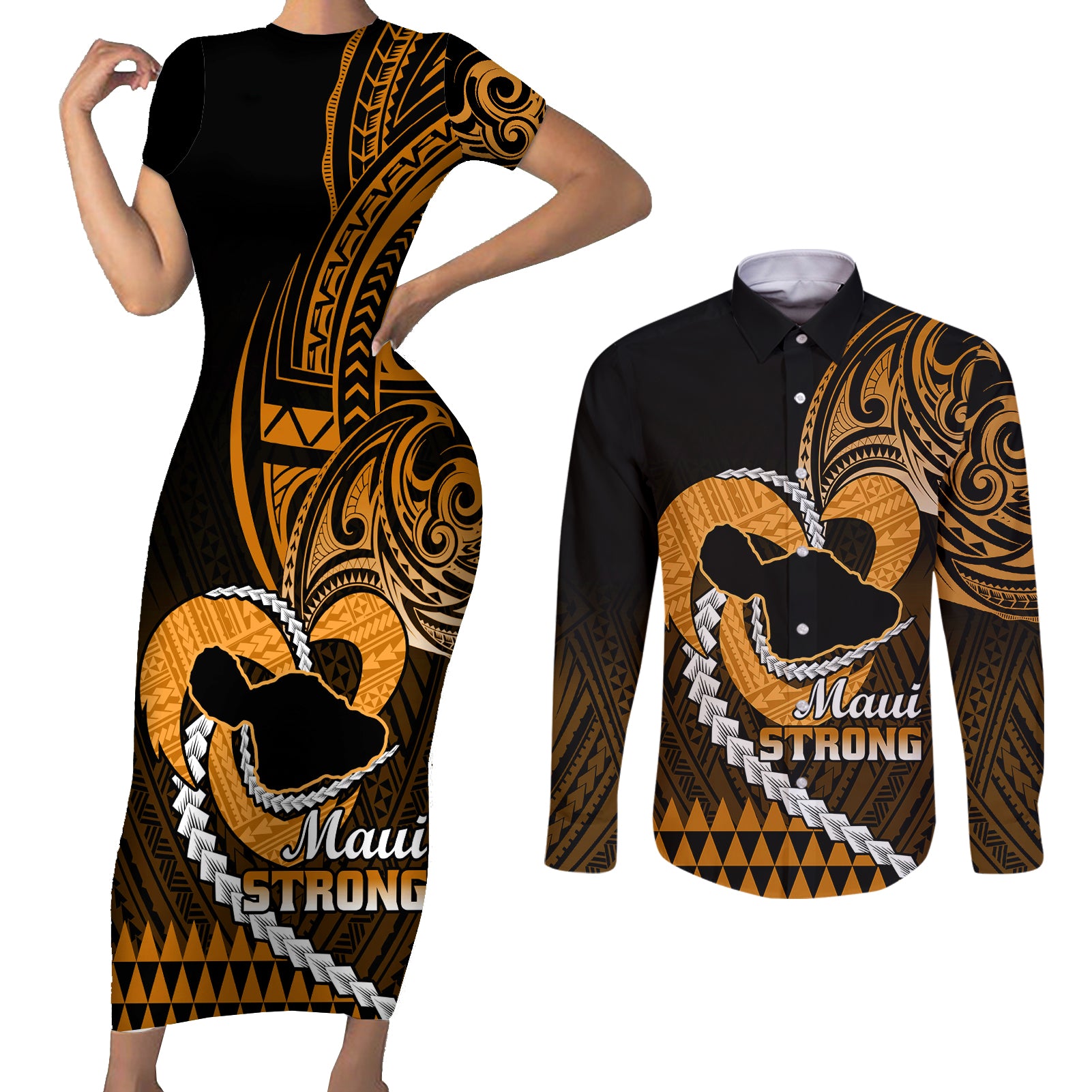 Personalised Hawaii Couples Matching Short Sleeve Bodycon Dress and Long Sleeve Button Shirts Maui Be Strong Kakau Gold Version LT01 Gold - Polynesian Pride