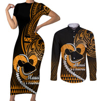 Personalised Hawaii Couples Matching Short Sleeve Bodycon Dress and Long Sleeve Button Shirts Maui Be Strong Kakau Gold Version LT01 Gold - Polynesian Pride