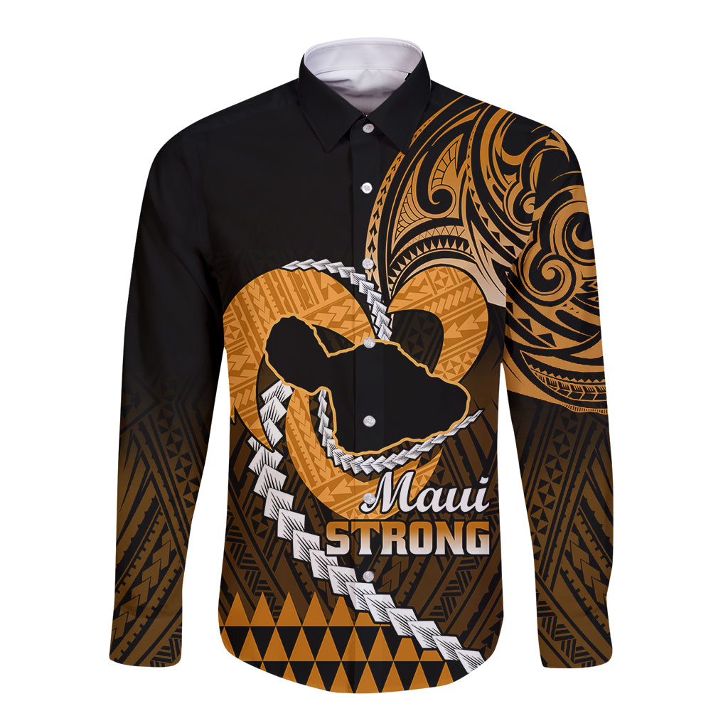 Personalised Hawaii Long Sleeve Button Shirt Maui Be Strong Kakau Gold Version LT01 Unisex Gold - Polynesian Pride