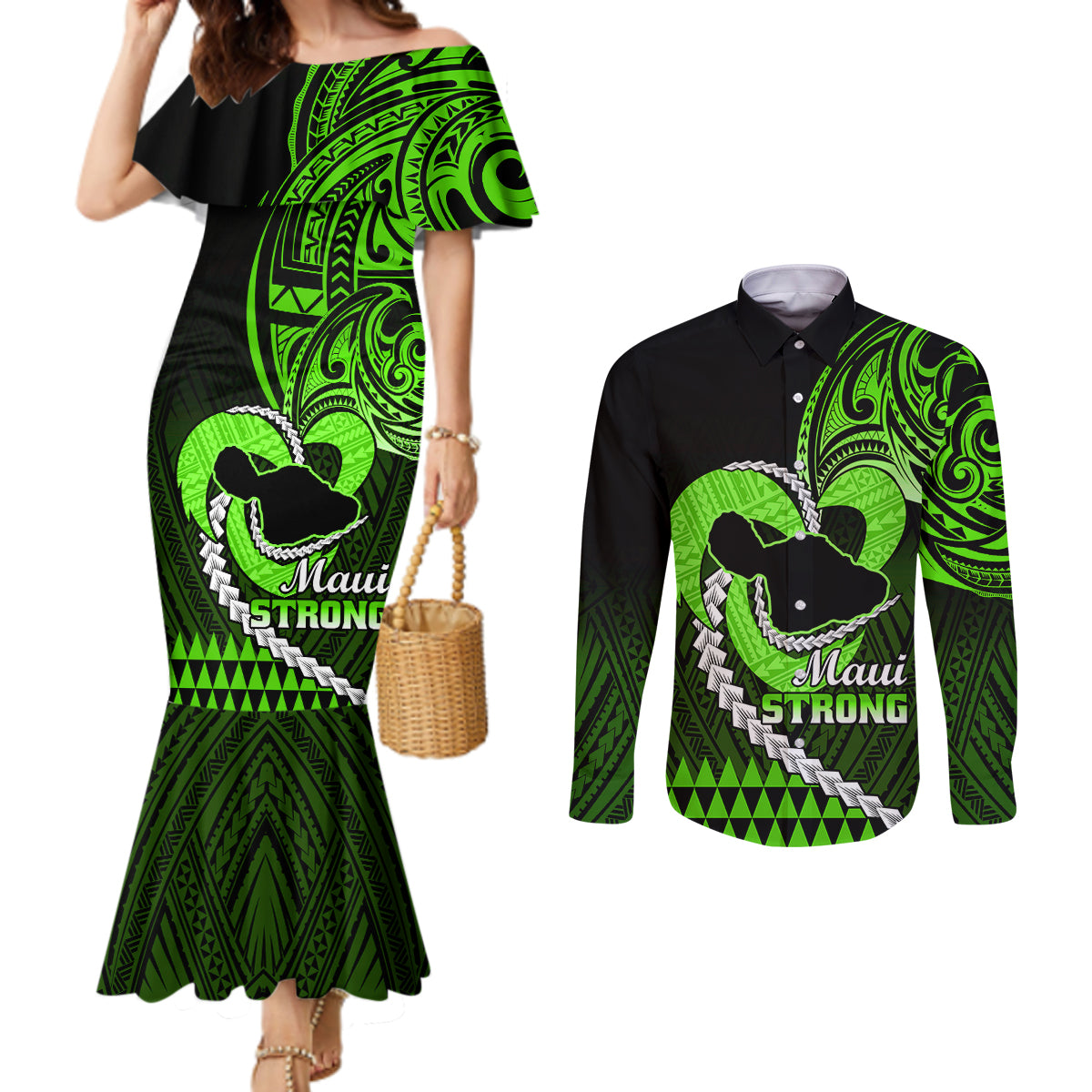 Personalised Hawaii Couples Matching Mermaid Dress and Long Sleeve Button Shirts Maui Be Strong Kakau Green Version LT01 Green - Polynesian Pride