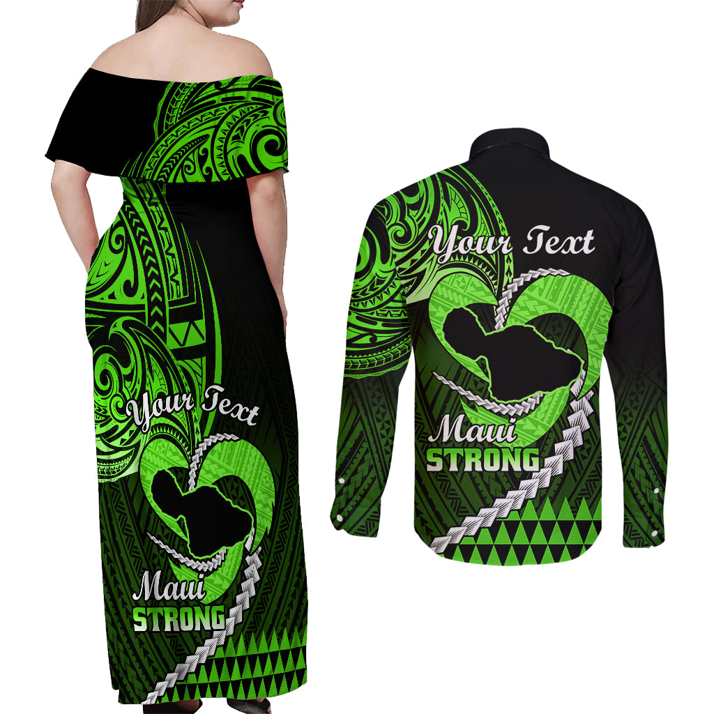 Personalised Hawaii Couples Matching Off Shoulder Maxi Dress and Long Sleeve Button Shirts Maui Be Strong Kakau Green Version LT01 - Polynesian Pride