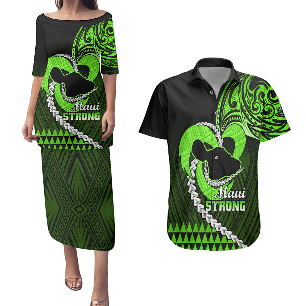 Personalised Hawaii Couples Matching Puletasi Dress and Hawaiian Shirt Maui Be Strong Kakau Green Version LT01 Green - Polynesian Pride