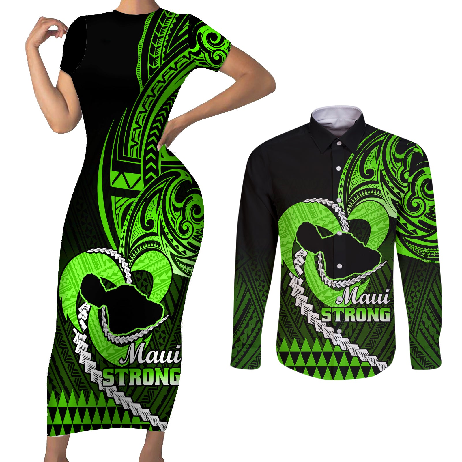 Personalised Hawaii Couples Matching Short Sleeve Bodycon Dress and Long Sleeve Button Shirts Maui Be Strong Kakau Green Version LT01 Green - Polynesian Pride