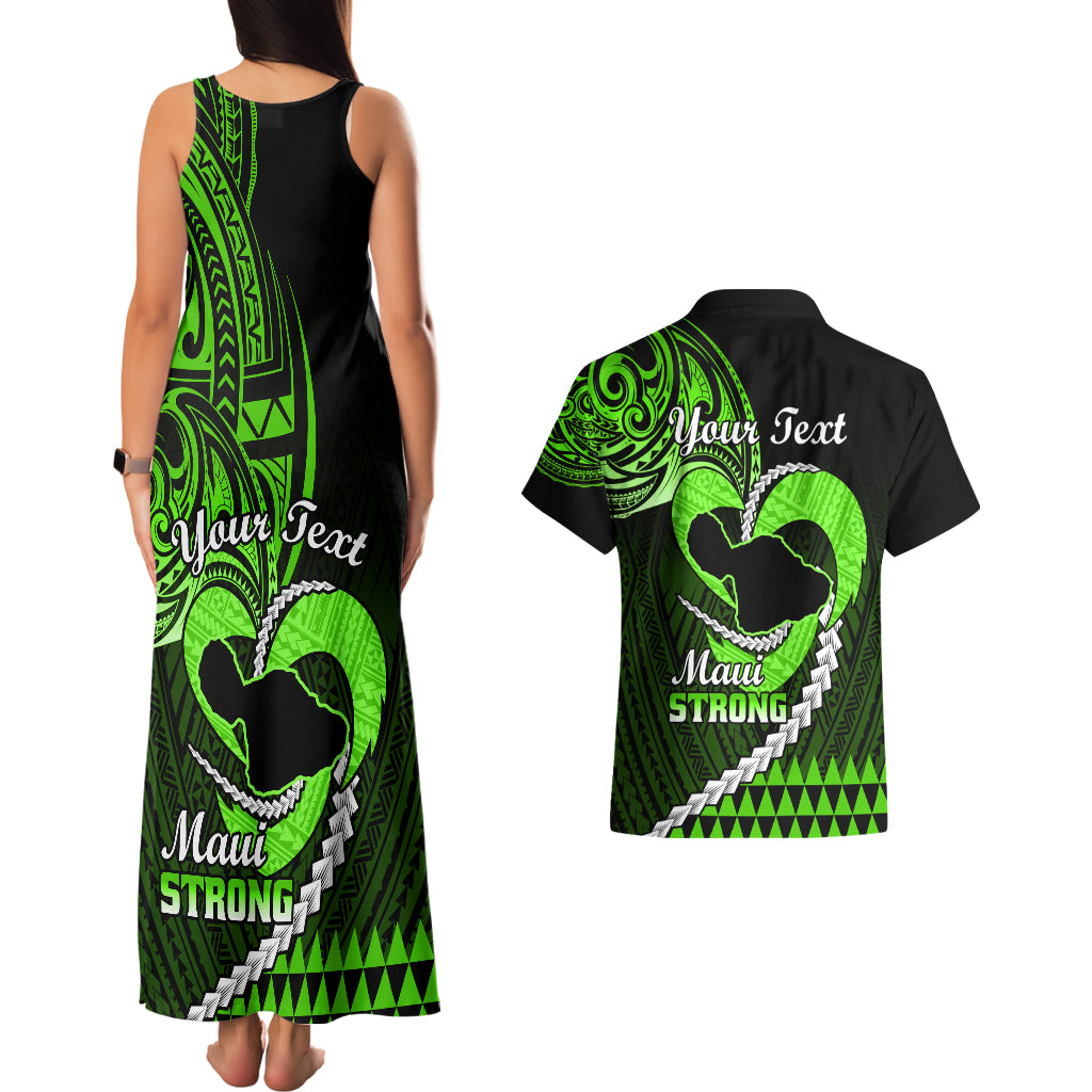Personalised Hawaii Couples Matching Tank Maxi Dress and Hawaiian Shirt Maui Be Strong Kakau Green Version LT01 - Polynesian Pride