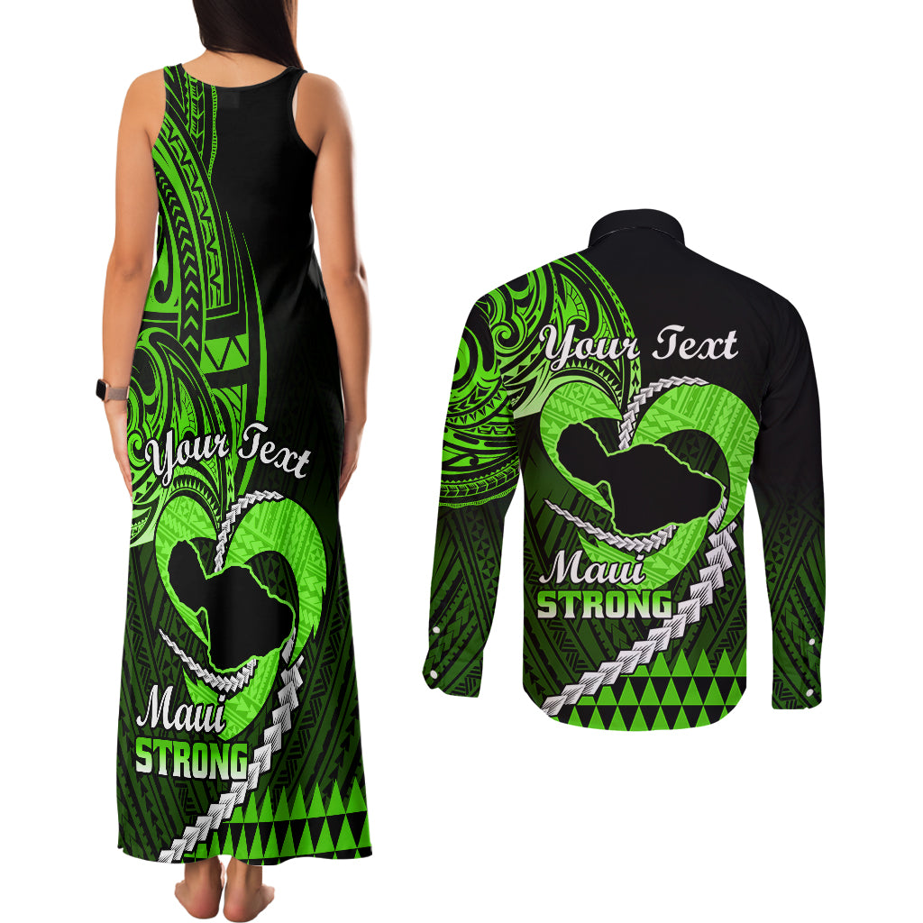 Personalised Hawaii Couples Matching Tank Maxi Dress and Long Sleeve Button Shirts Maui Be Strong Kakau Green Version LT01 - Polynesian Pride
