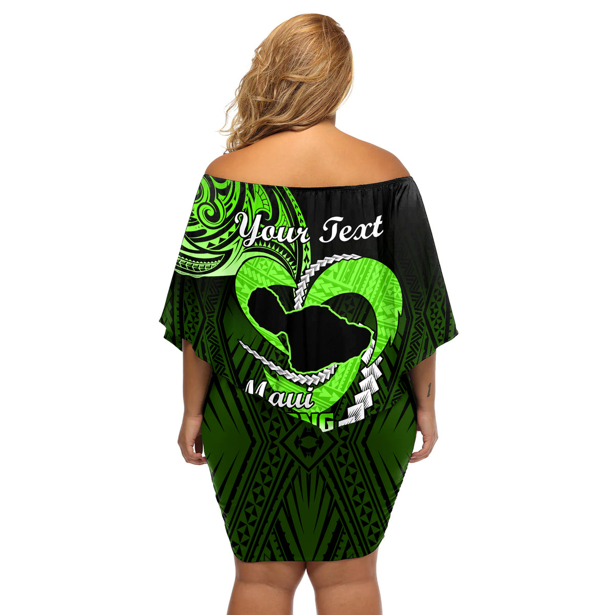 Personalised Hawaii Off Shoulder Short Dress Maui Be Strong Kakau Green Version LT01 - Polynesian Pride