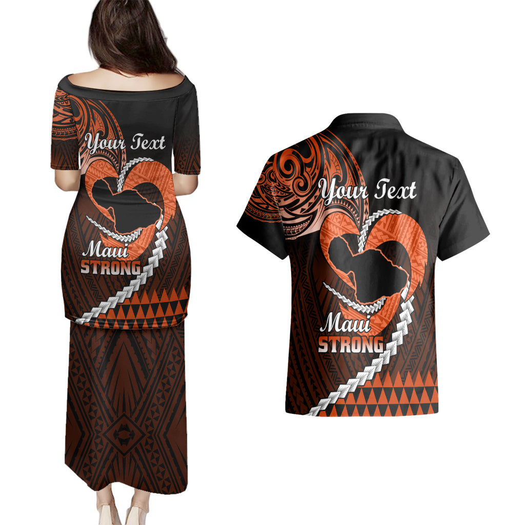 Personalised Hawaii Couples Matching Puletasi Dress and Hawaiian Shirt Maui Be Strong Kakau Orange Version LT01 - Polynesian Pride