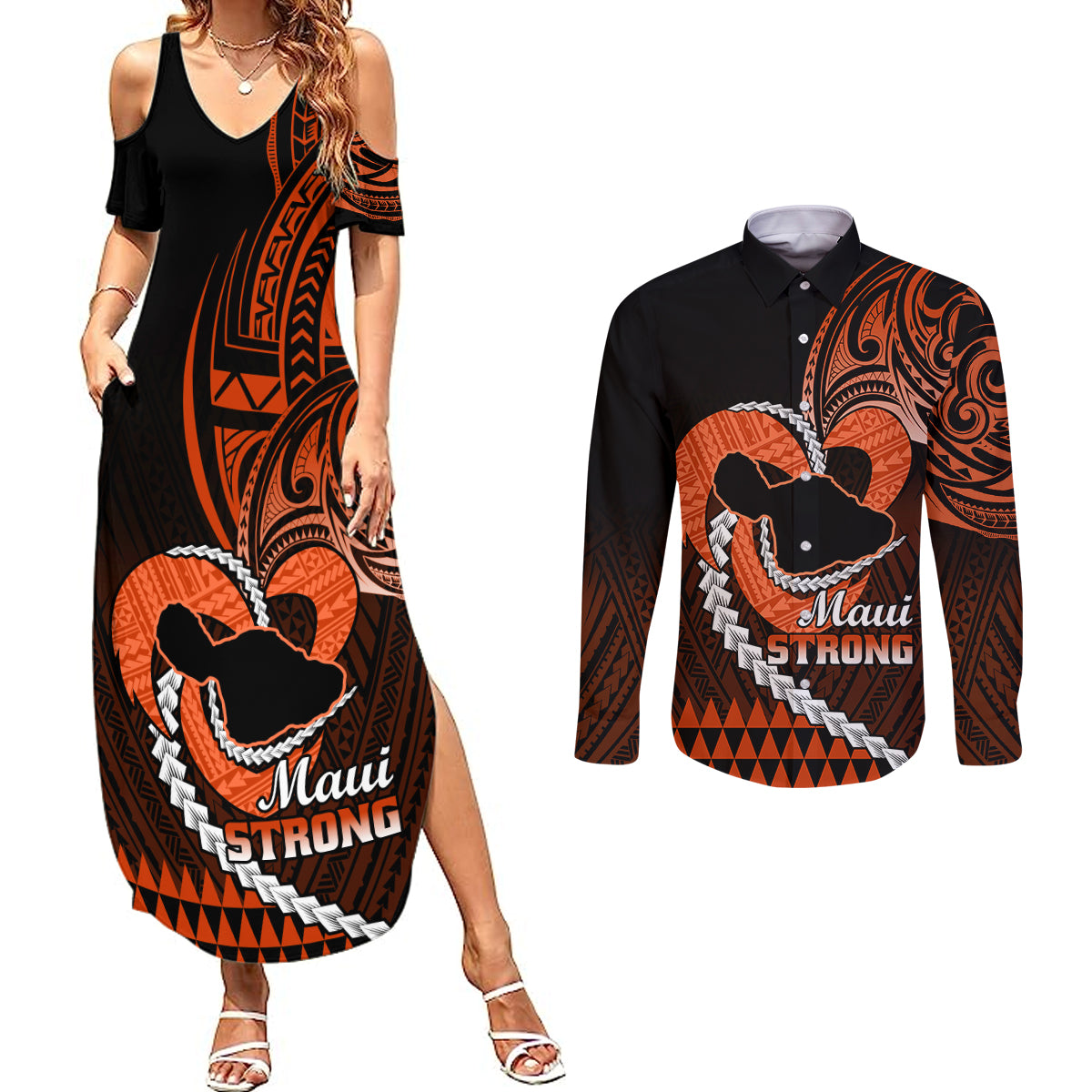 Personalised Hawaii Couples Matching Summer Maxi Dress and Long Sleeve Button Shirts Maui Be Strong Kakau Orange Version LT01 Orange - Polynesian Pride
