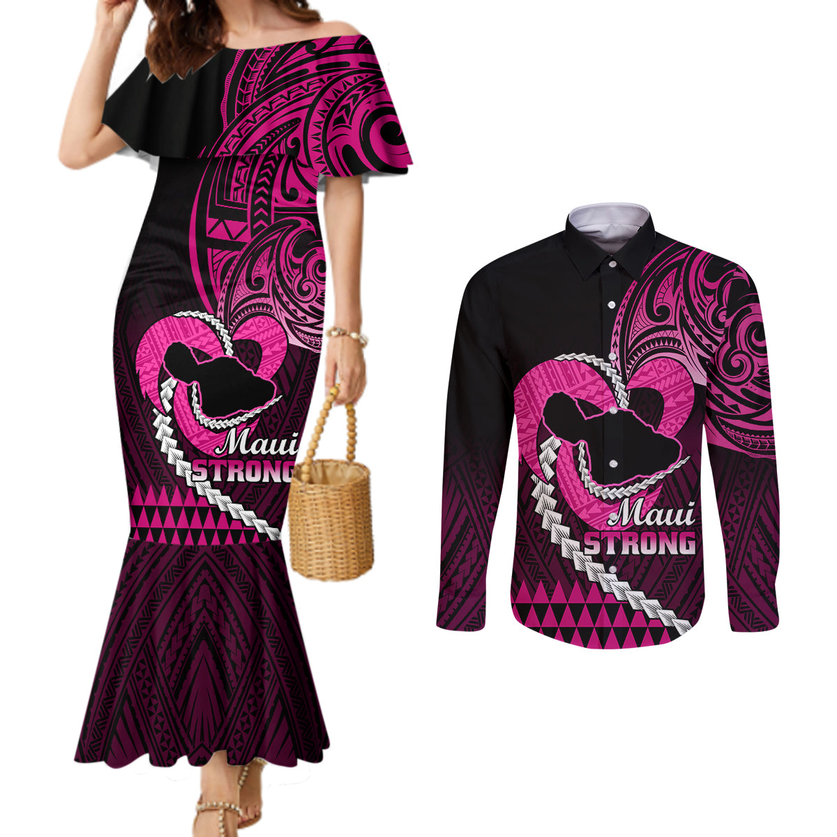 Personalised Hawaii Couples Matching Mermaid Dress and Long Sleeve Button Shirts Maui Be Strong Kakau Pink Version LT01 Pink - Polynesian Pride