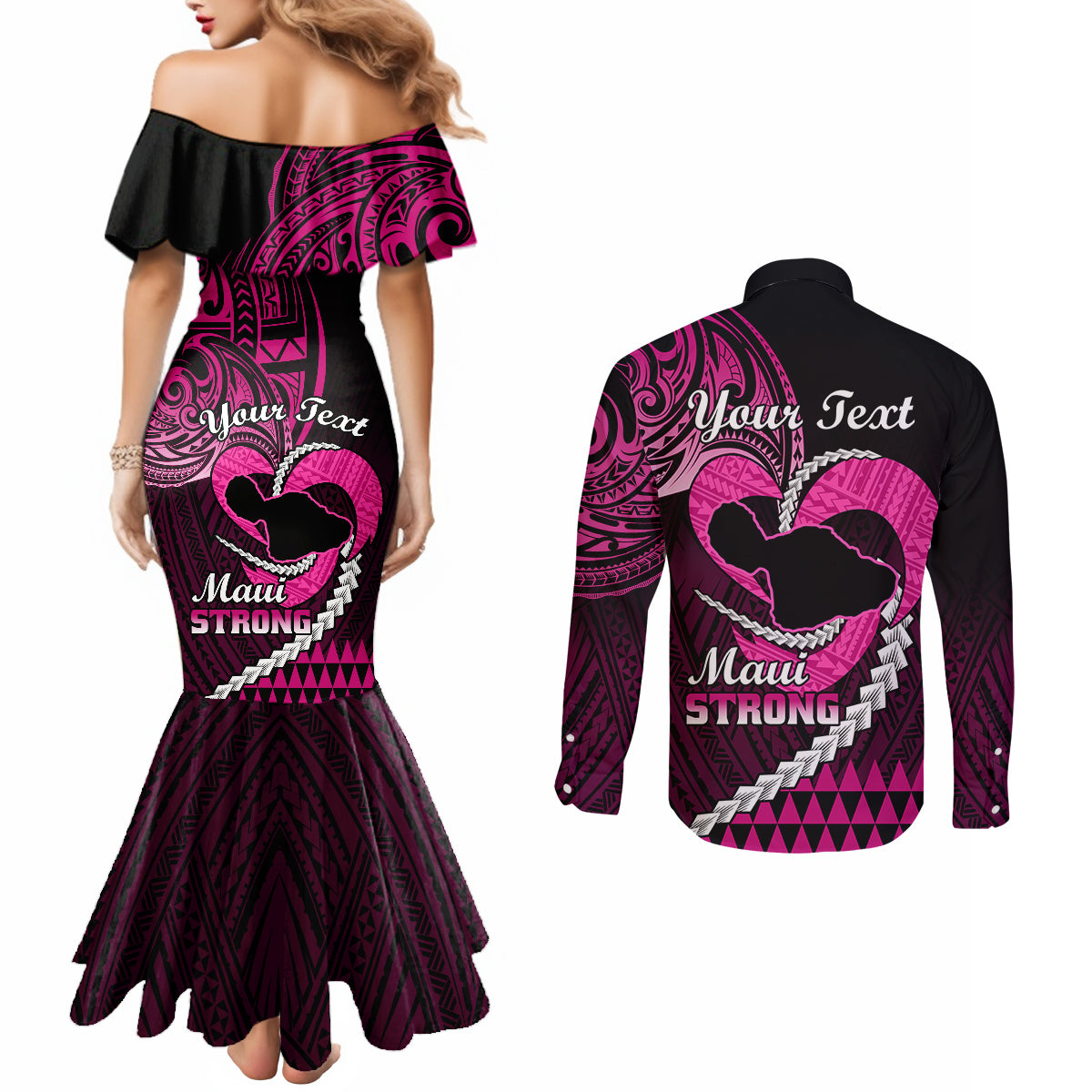 Personalised Hawaii Couples Matching Mermaid Dress and Long Sleeve Button Shirts Maui Be Strong Kakau Pink Version LT01 - Polynesian Pride