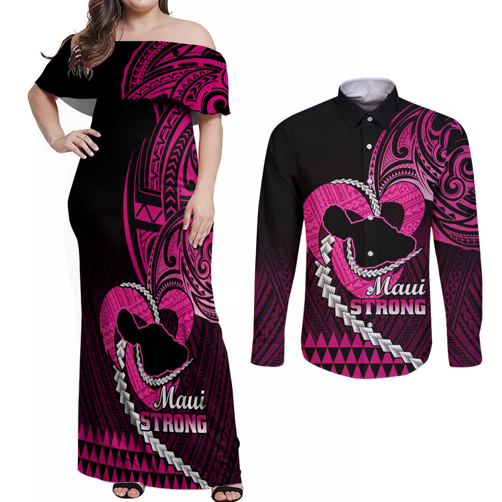 Personalised Hawaii Couples Matching Off Shoulder Maxi Dress and Long Sleeve Button Shirts Maui Be Strong Kakau Pink Version LT01 Pink - Polynesian Pride