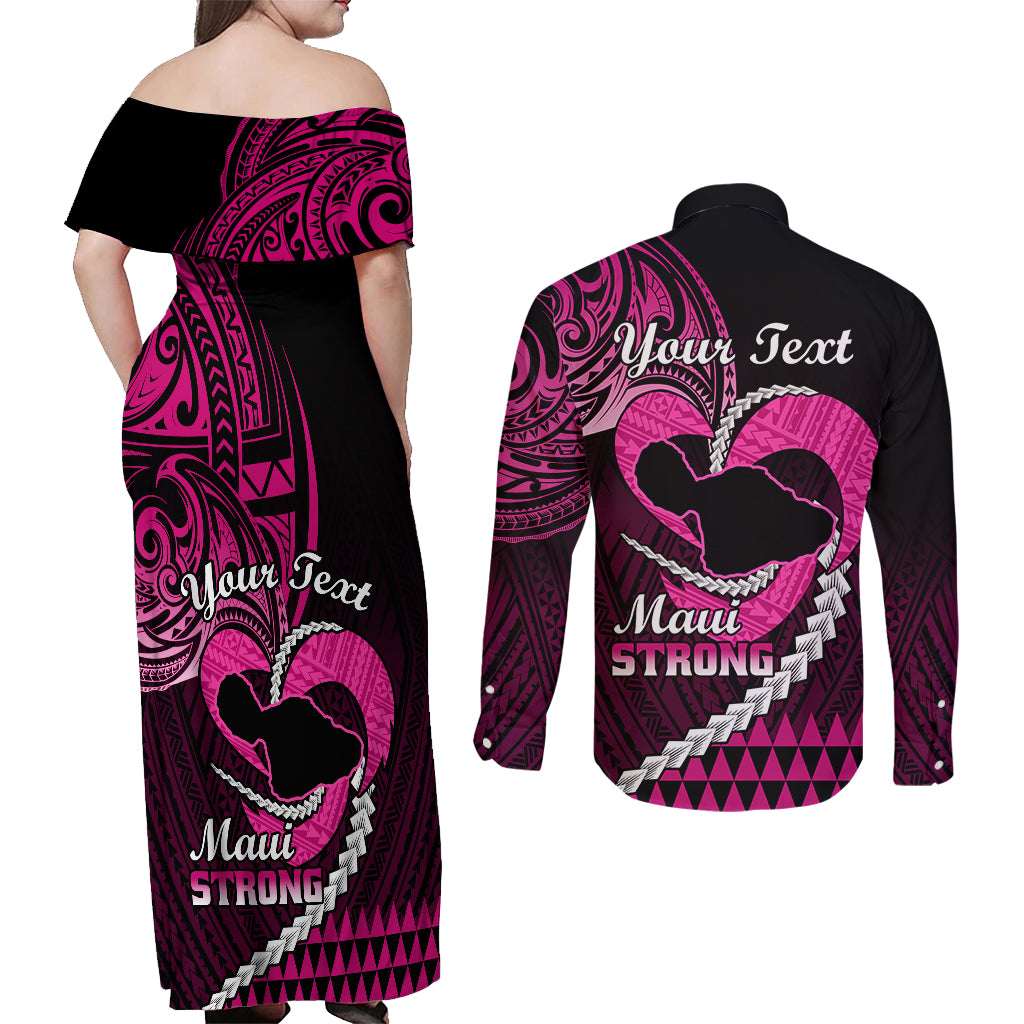 Personalised Hawaii Couples Matching Off Shoulder Maxi Dress and Long Sleeve Button Shirts Maui Be Strong Kakau Pink Version LT01 - Polynesian Pride