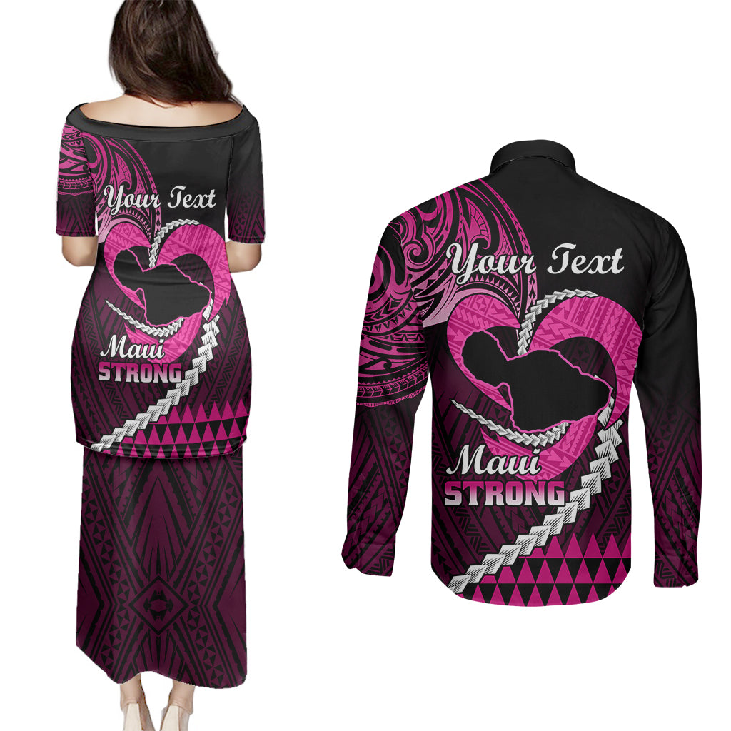 Personalised Hawaii Couples Matching Puletasi Dress and Long Sleeve Button Shirts Maui Be Strong Kakau Pink Version LT01 - Polynesian Pride