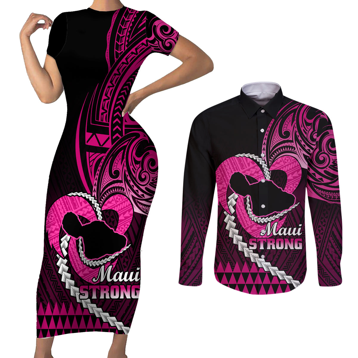 Personalised Hawaii Couples Matching Short Sleeve Bodycon Dress and Long Sleeve Button Shirts Maui Be Strong Kakau Pink Version LT01 Pink - Polynesian Pride