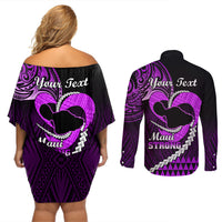 Personalised Hawaii Couples Matching Off Shoulder Short Dress and Long Sleeve Button Shirts Maui Be Strong Kakau Purple Version LT01 - Polynesian Pride