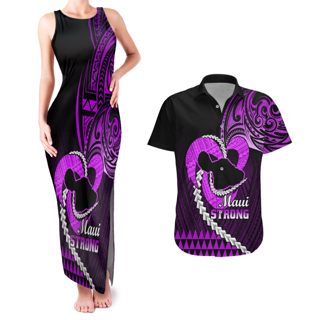 Personalised Hawaii Couples Matching Tank Maxi Dress and Hawaiian Shirt Maui Be Strong Kakau Purple Version LT01 Purple - Polynesian Pride