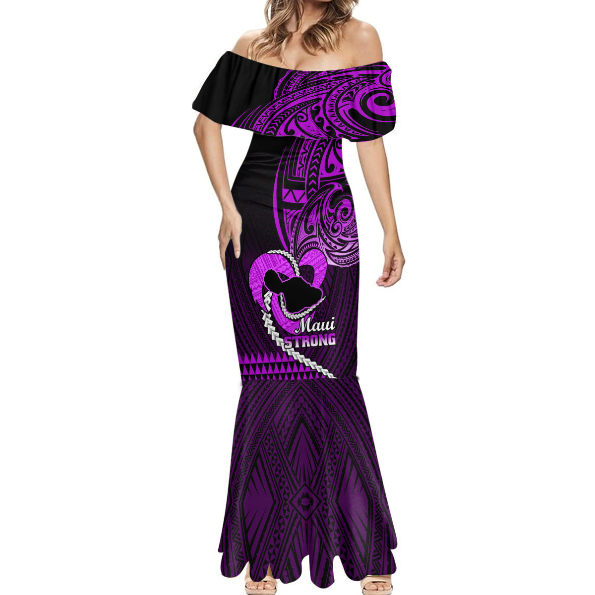 Personalised Hawaii Mermaid Dress Maui Be Strong Kakau Purple Version LT01 - Polynesian Pride