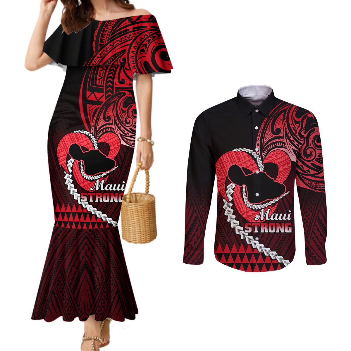 Personalised Hawaii Couples Matching Mermaid Dress and Long Sleeve Button Shirts Maui Be Strong Kakau Red Version LT01 Red - Polynesian Pride