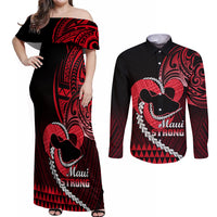 Personalised Hawaii Couples Matching Off Shoulder Maxi Dress and Long Sleeve Button Shirts Maui Be Strong Kakau Red Version LT01 Red - Polynesian Pride