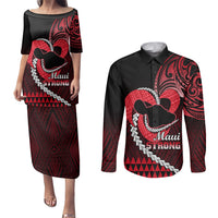Personalised Hawaii Couples Matching Puletasi Dress and Long Sleeve Button Shirts Maui Be Strong Kakau Red Version LT01 Red - Polynesian Pride