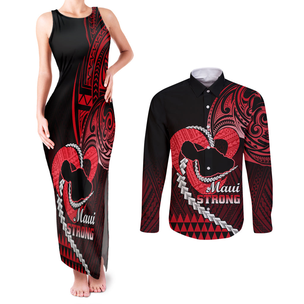 Personalised Hawaii Couples Matching Tank Maxi Dress and Long Sleeve Button Shirts Maui Be Strong Kakau Red Version LT01 Red - Polynesian Pride