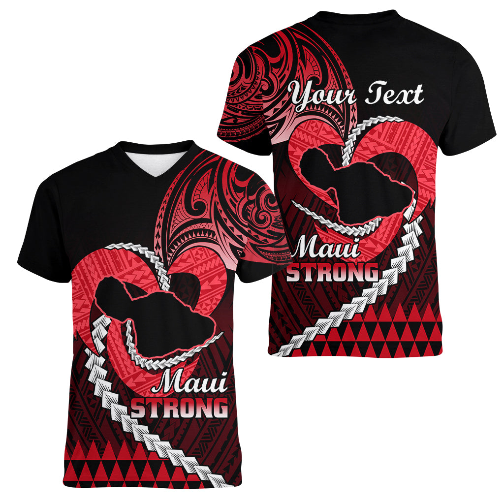 Personalised Hawaii Women V Neck T Shirt Maui Be Strong Kakau Red Version LT01 - Polynesian Pride