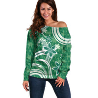 Hawaii Pupuala Plumeria Green Off Shoulder Sweater Polynesian Pattern LT01 Women Green - Polynesian Pride