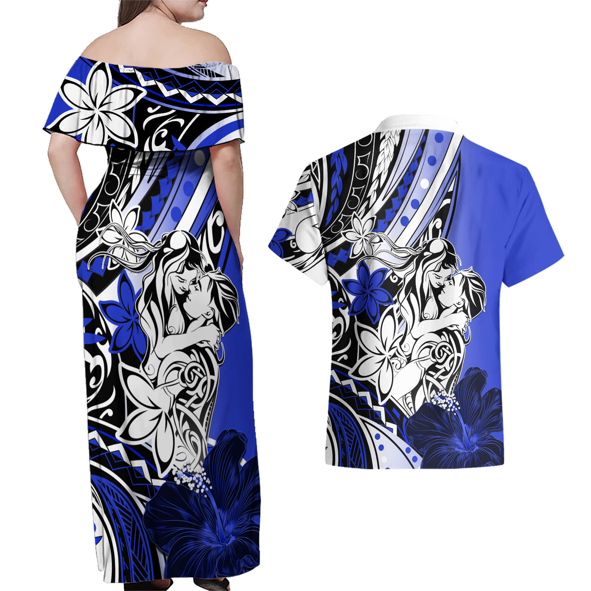Polynesian Valentine Couples Matching Off Shoulder Maxi Dress and Hawaiian Shirt Couple Floral Unique Blue Version LT01 - Polynesian Pride