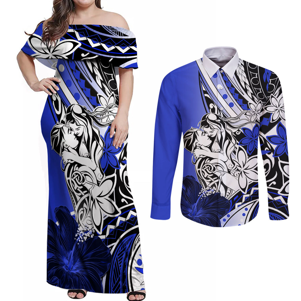 Polynesian Valentine Couples Matching Off Shoulder Maxi Dress and Long Sleeve Button Shirt Couple Floral Unique Blue Version LT01 Blue - Polynesian Pride