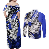 Polynesian Valentine Couples Matching Off Shoulder Maxi Dress and Long Sleeve Button Shirt Couple Floral Unique Blue Version LT01 - Polynesian Pride