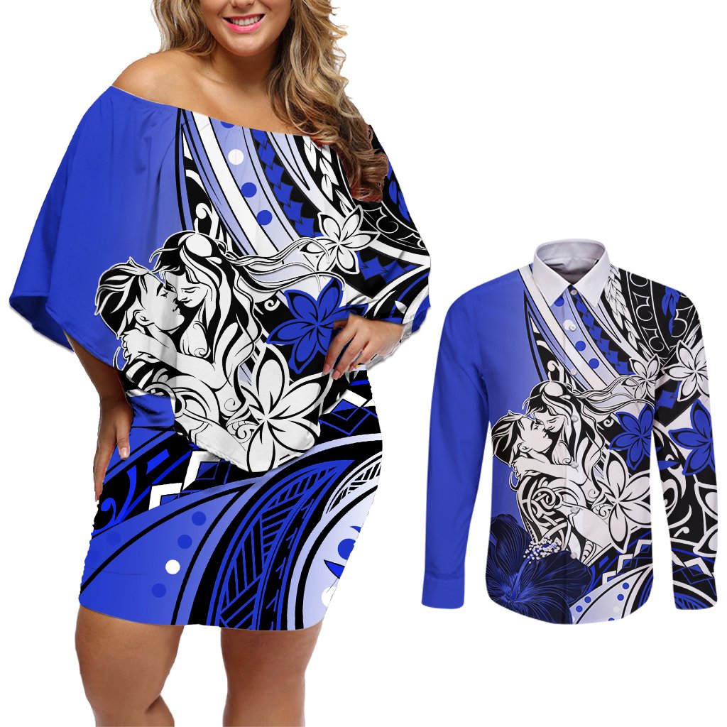 Polynesian Valentine Couples Matching Off Shoulder Short Dress and Long Sleeve Button Shirt Couple Floral Unique Blue Version LT01 Blue - Polynesian Pride