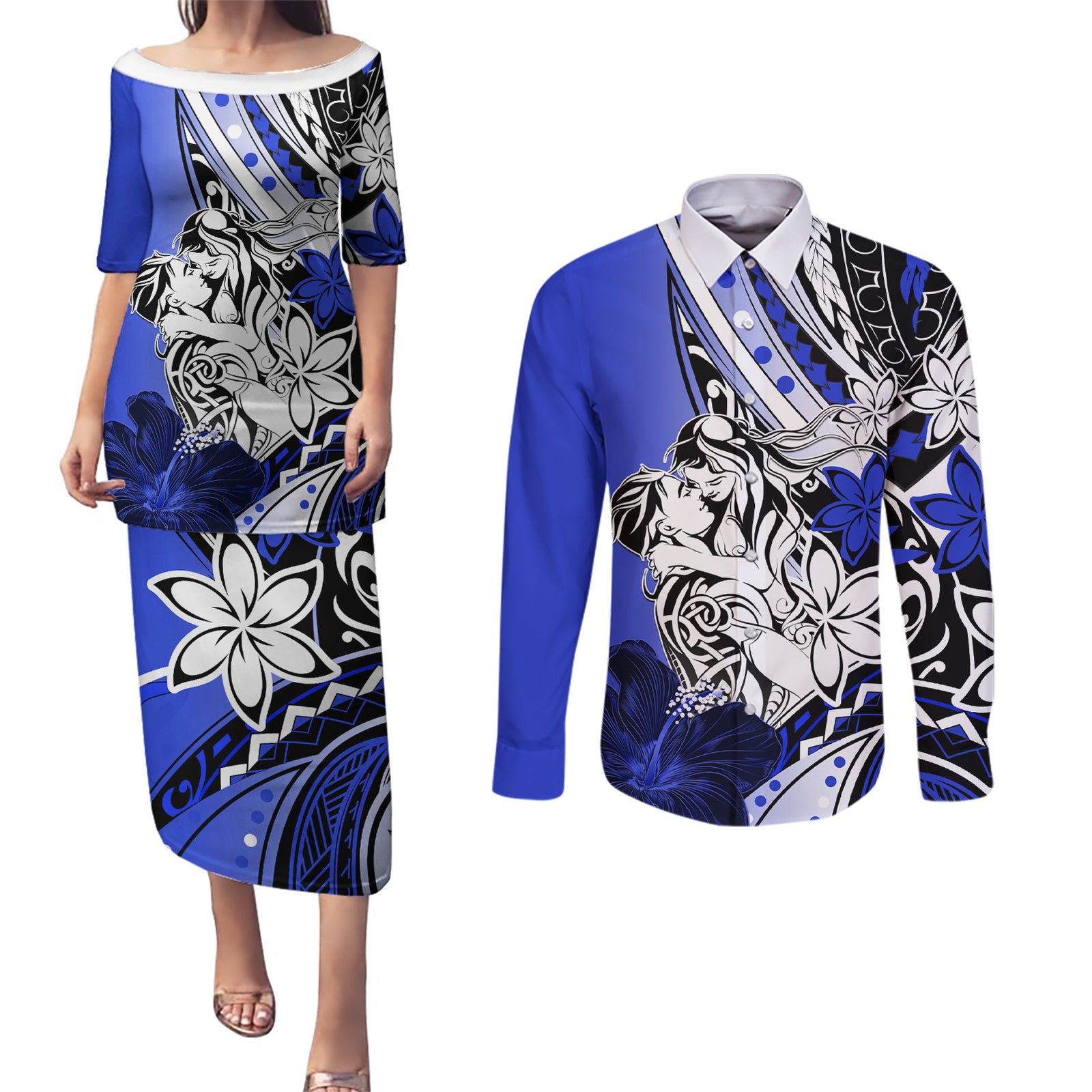 Polynesian Valentine Couples Matching Puletasi and Long Sleeve Button Shirt Couple Floral Unique Blue Version LT01 Blue - Polynesian Pride