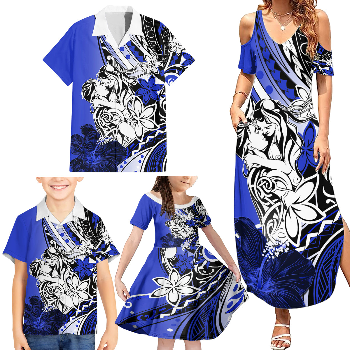 Polynesian Valentine Family Matching Summer Maxi Dress and Hawaiian Shirt Couple Floral Unique Blue Version LT01 - Polynesian Pride